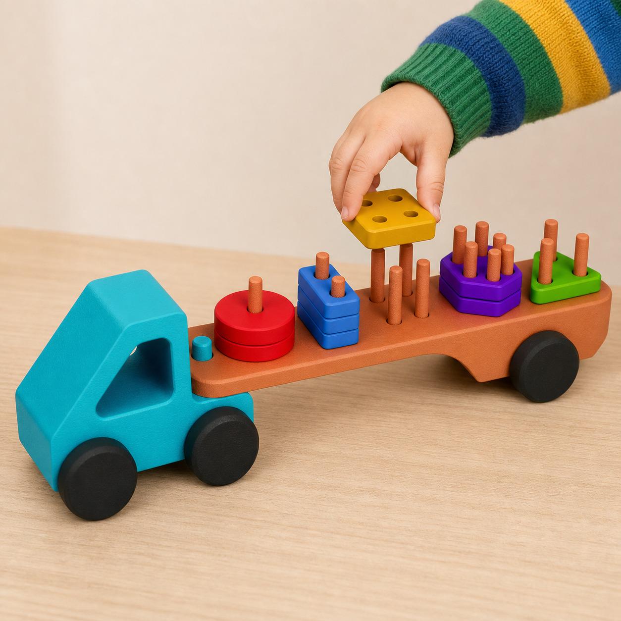A child using a colorful shape-sorting learning truck.